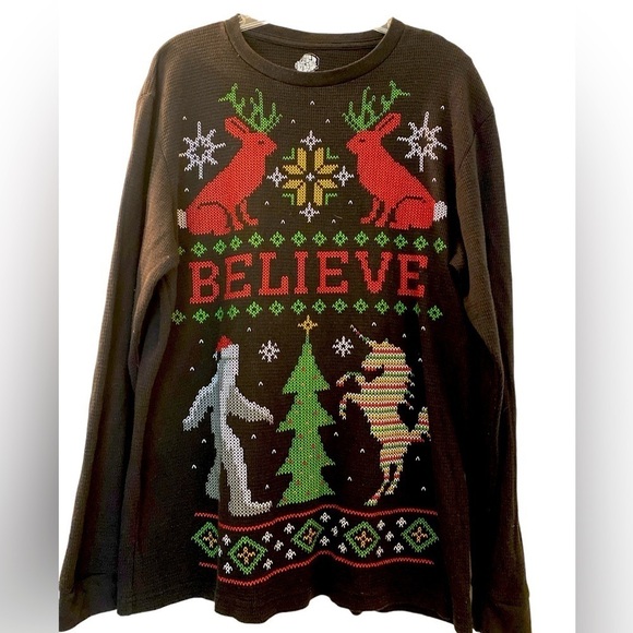 Holiday Sweater, Dec 25 size L, black plus colorful designs. Long sleeves. - Picture 1 of 4